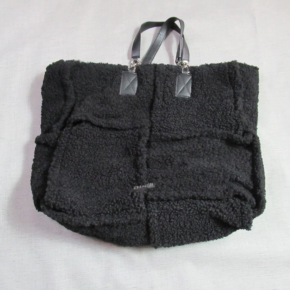 Steve Madden BQUEENIE Tote Bag Purse Black Sherpa Extra Large Luxury New